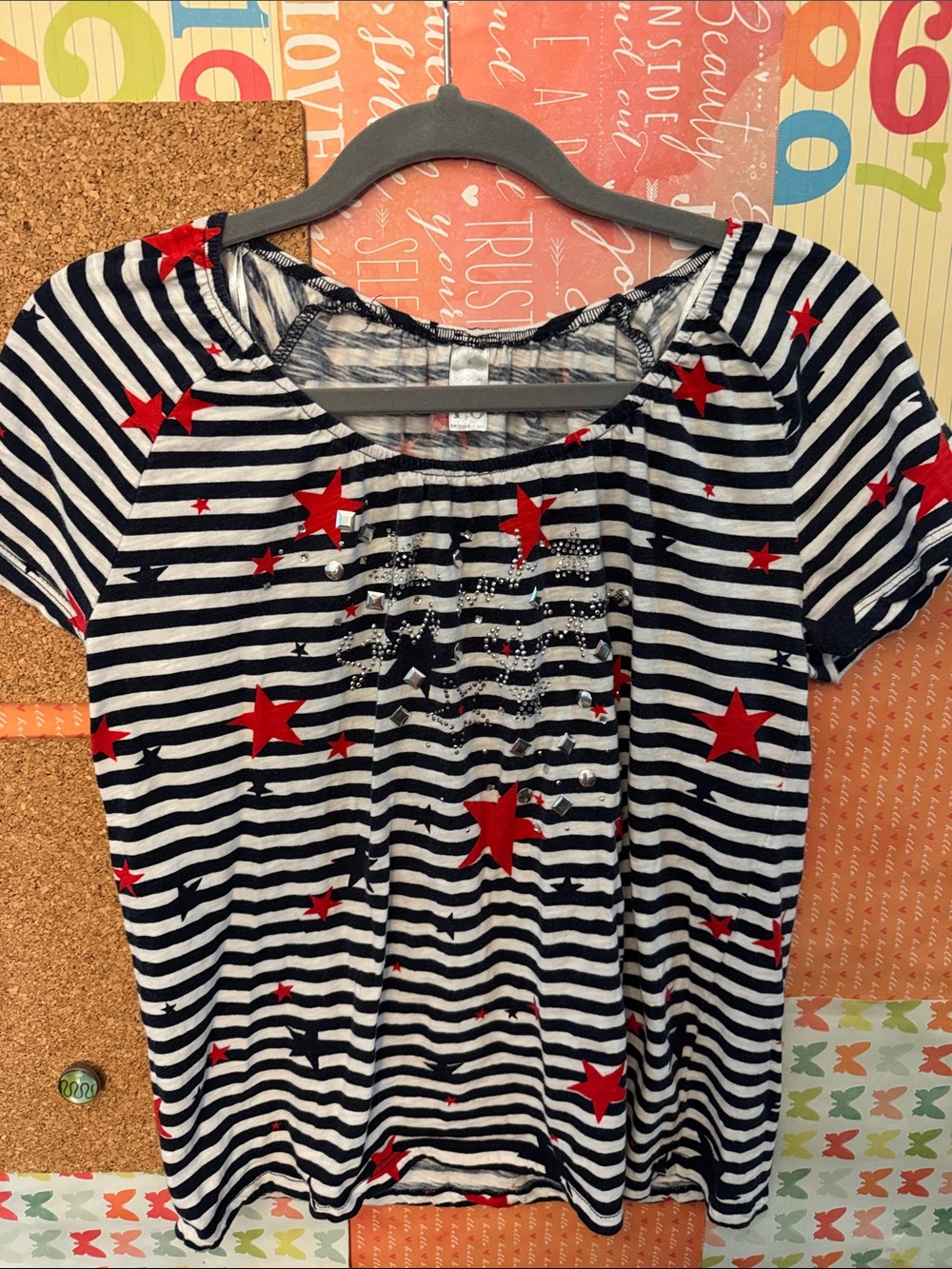 ⭐️4th of July Navy White Striped Short-Sleeve Tee Stars Embellishments⭐️3/$25